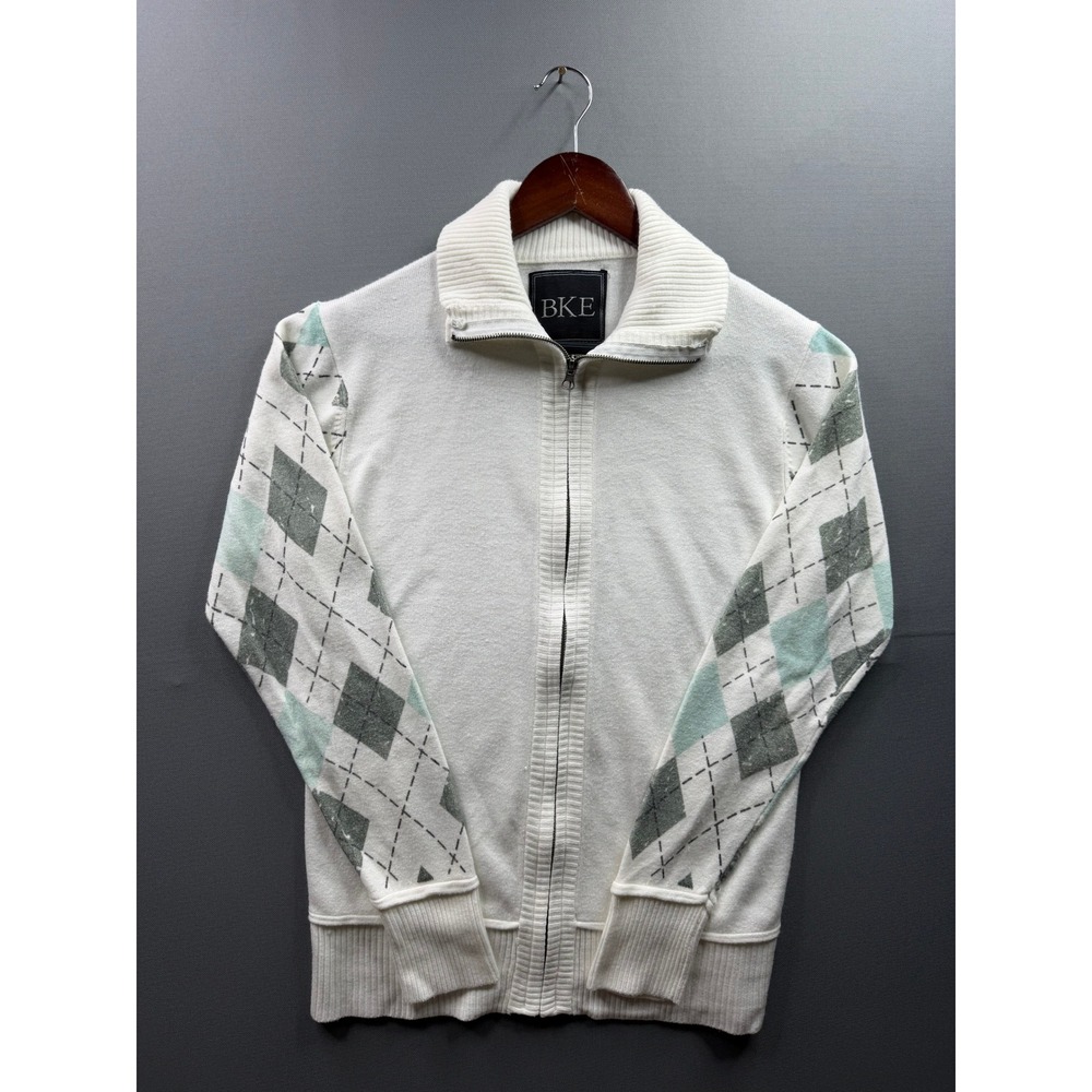 BKE Full Zip Sweater Mens White Argyle Sleeve Graphic Back Mock Neck Medium